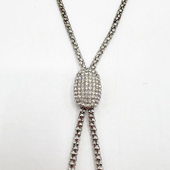 CHICO'S Rhinestone Statement Pave Crystal Lariat Rope Chain Necklace Silver Tone - Picture 5 of 8